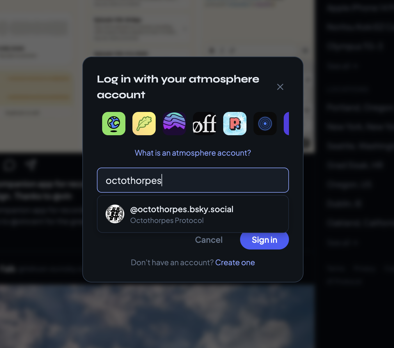 Login dialog for Grain.social showing how you can login with a bluesky account