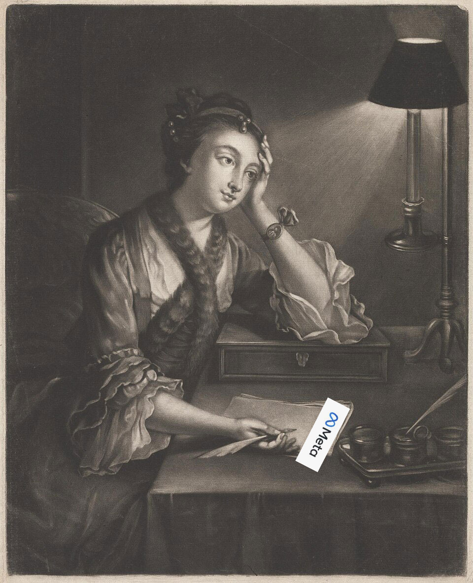 Correspondence by Richard Purcell Mezzotint on medium, moderately textured, cream laid paper - a black and white print of a young woman writing a letter at a desk but the Meta logo has been crudely photoshopped over the paper