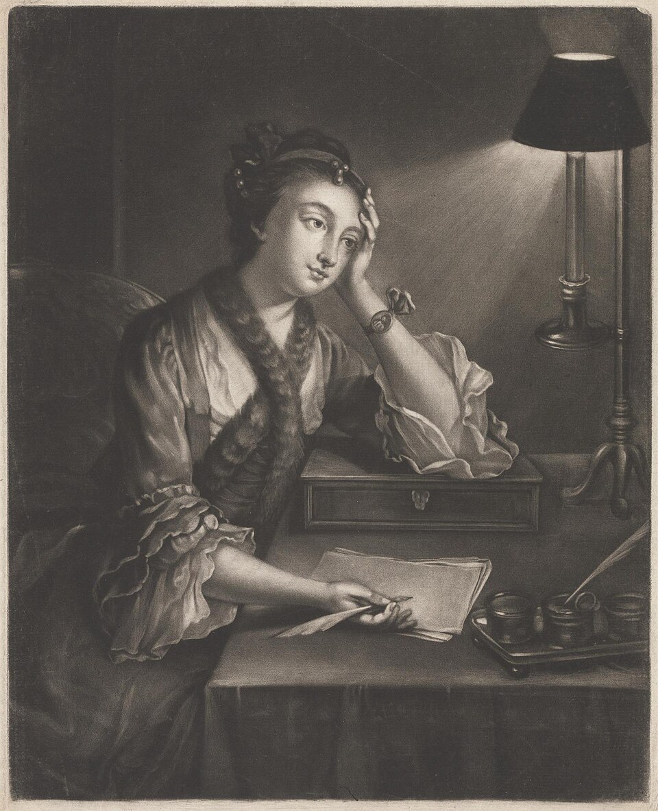 Correspondence by Richard Purcell Mezzotint on medium, moderately textured, cream laid paper - a black and white print of a young woman writing a letter at a desk